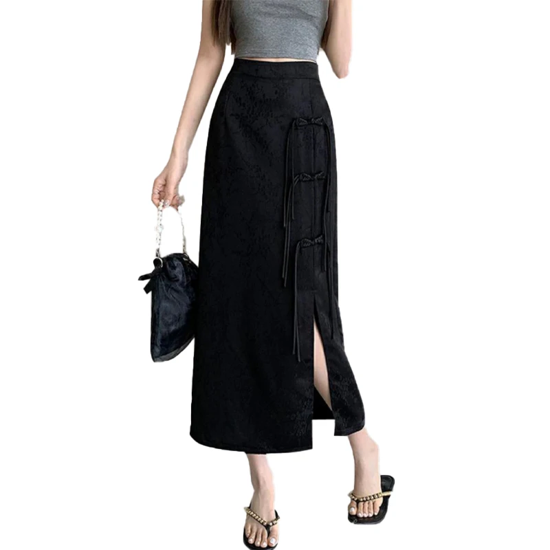 

High Waist Slit Embroidered White f Skirt Women's Faion Traditional Chinese Sle A-Line Skirt without Labels