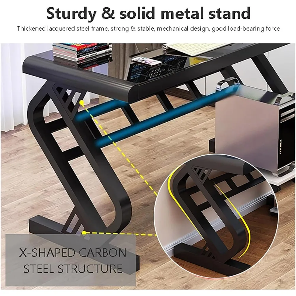 مكتب كمبيوتر من الزجاج المقسى، مكتب مكتب حديث مع سطح زجاجي وإطار معدني على شكل Z، مكتب كتابة قوي، مكتب دراسة، ألعاب #5