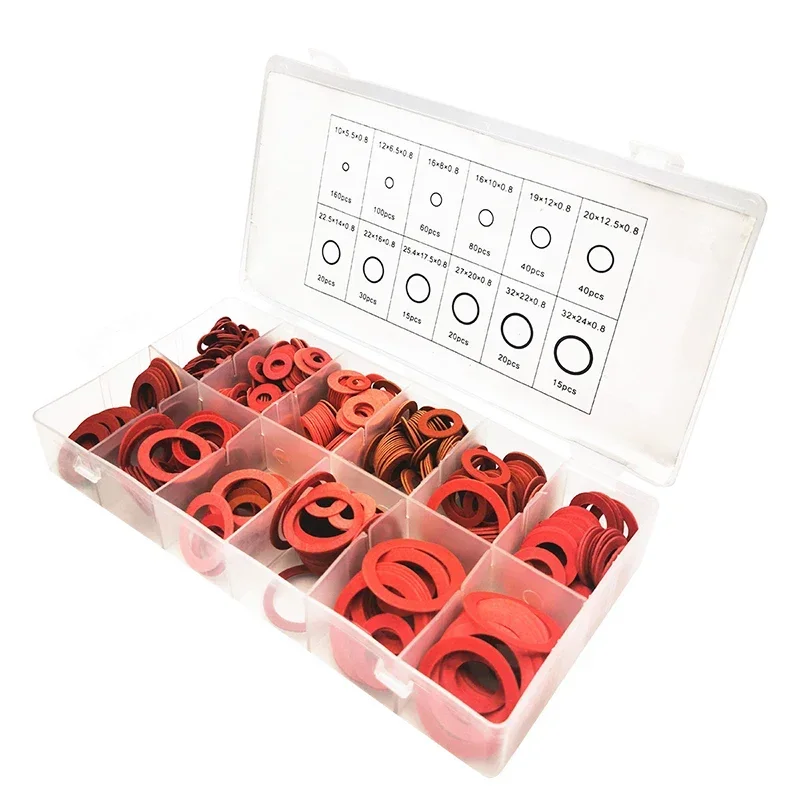 600Pcs M10 M12 M16 M20 M22 M25 M32 Flat Washer Red Steel Paper Fiber Insulation Washer Flat Ring Seal Fastener Spacer Tools Set