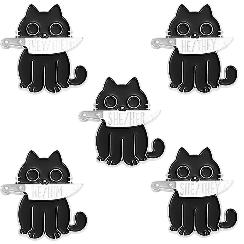 Black Cat with Knife Pronouns Enamel Pins SHE HER THEY THEM HE HIM Simple Letter Brooch Badge Jewelry Gift for Friends Kids