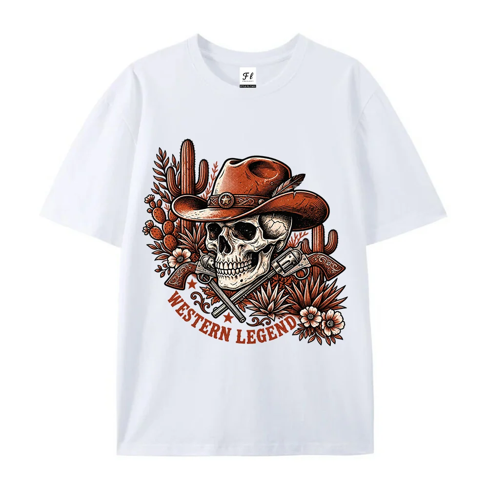 Men Western Legend Cowboy Skull T Shirt Revolver Cactus Vintage Retro Streetwear Beige Short Sleeve Loose Cotton Tops