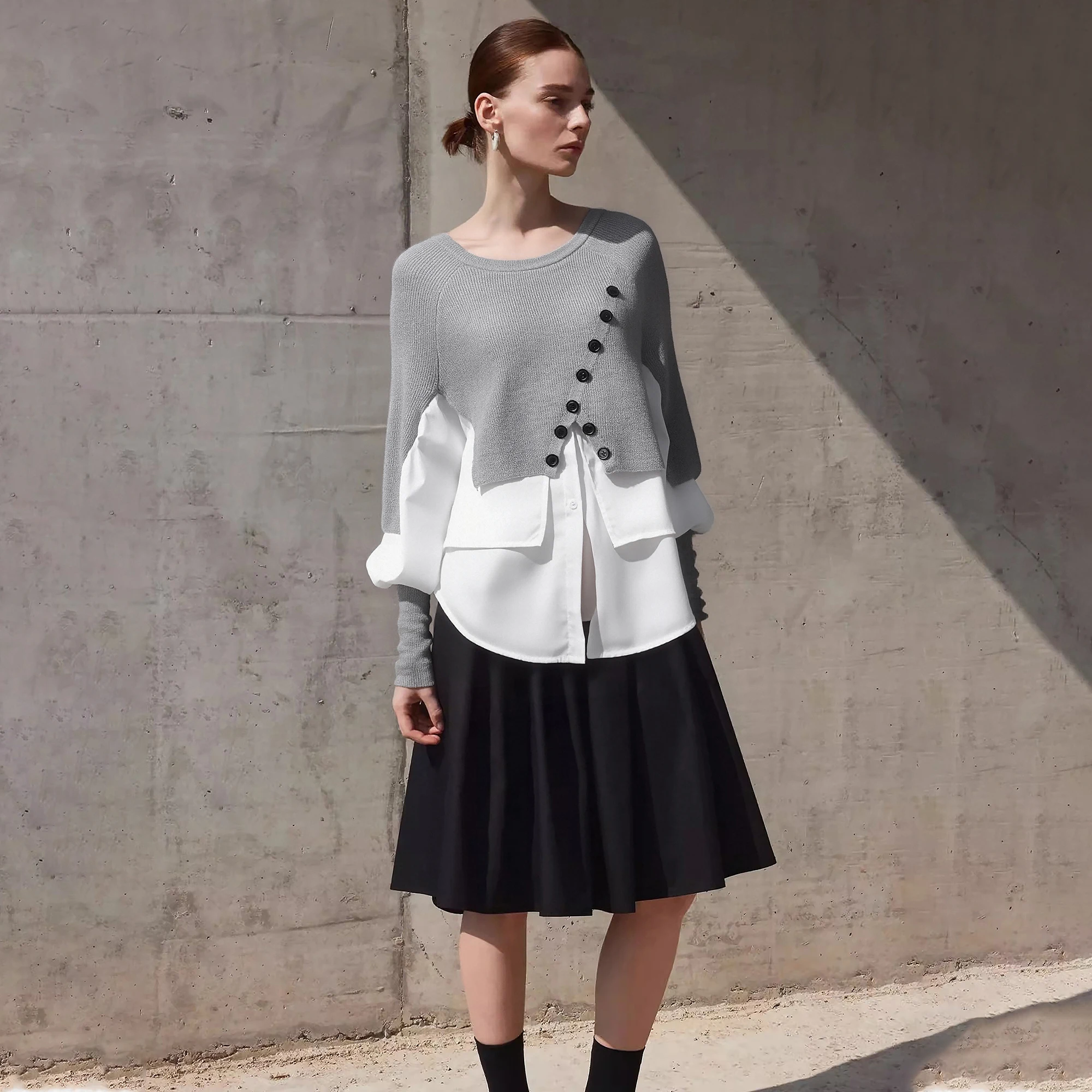 CHCH Women's New Autumn Fashion Splicing Design Ladies Long Sleeve Hoodie Irregular Hemline Design Elegant Female Causal Blouses