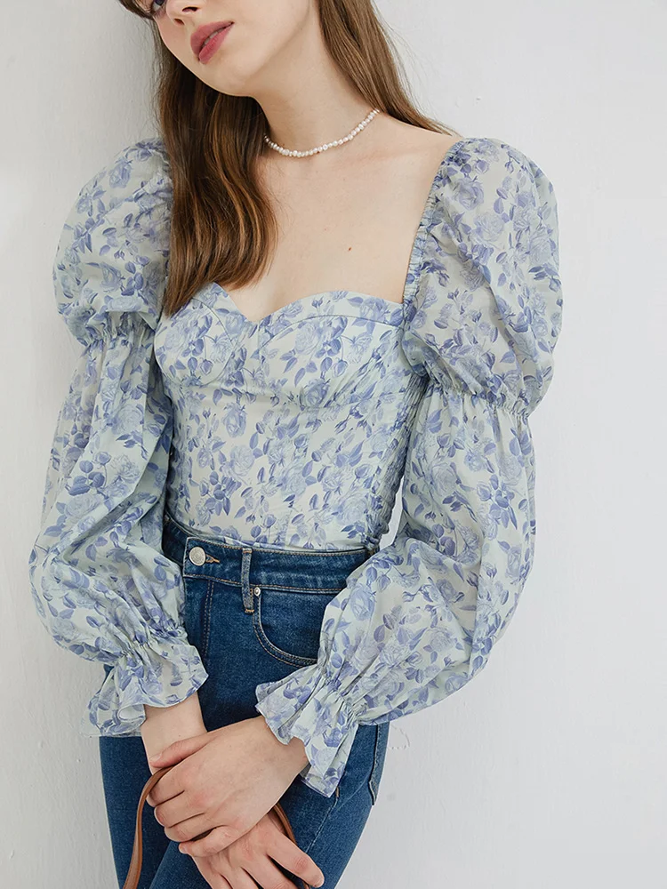 Blouses Women French Style New Spring Chic Slim Puff Sleeve Aesthetic Tops Crop Fashion Sweetheart Office Lady Daily Floral 2023