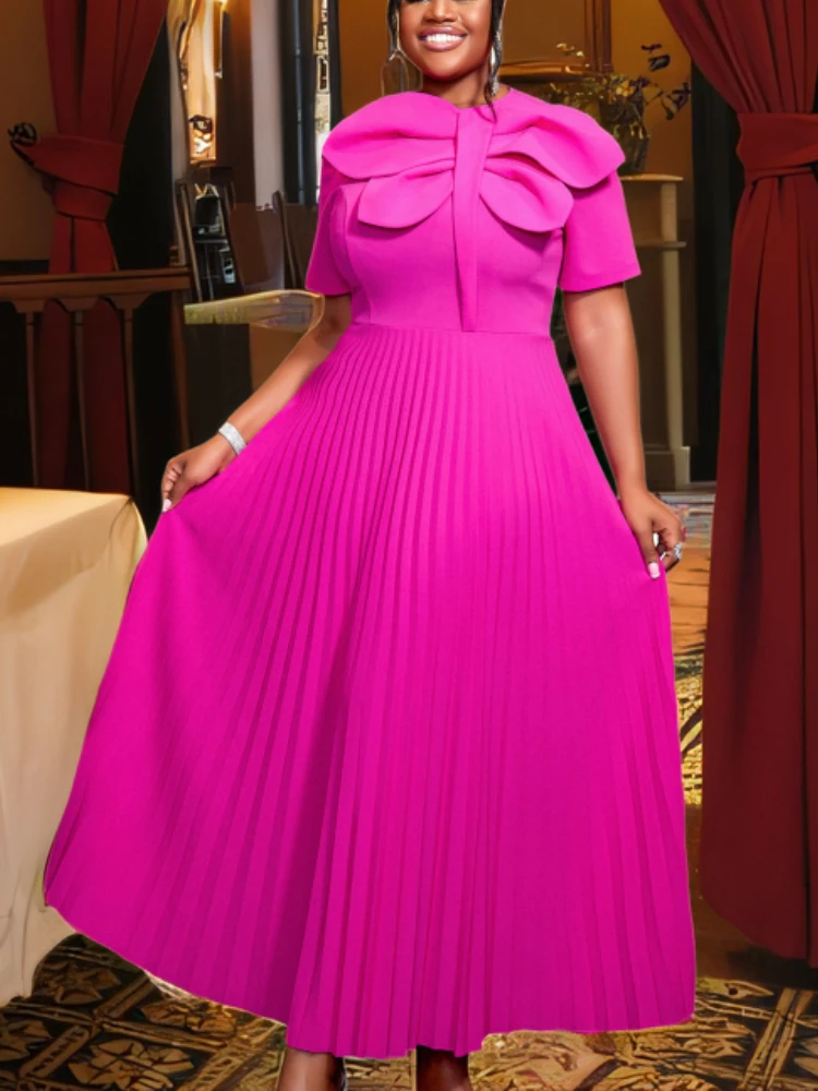 

Elegant Church Long Dresses Women Pleated Bow Neck Short Sleeve Party Birthday Event Robes Classy African Female Wedding Guest