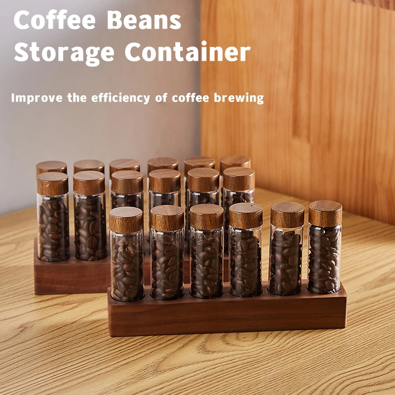 Coffee Beans Storage Container Display Rack Walnut Coffee Tea Tube Bottle Glass Espresso Coffee Accessories Tools Coffeware Sets