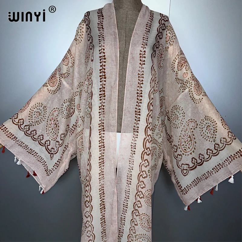 ウィンイー アフリカ ボヘミアン サマー キモノ マキシドレス ビーチカバーアップ カーディガン アバヤ ムスリム女性用コート ボホ カフタン ビーチウェア カフタン