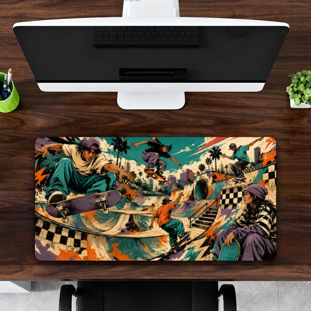 Cool street skateboarding park table mat - Retro comic style oversized mouse pad - Office gaming keyboard pad