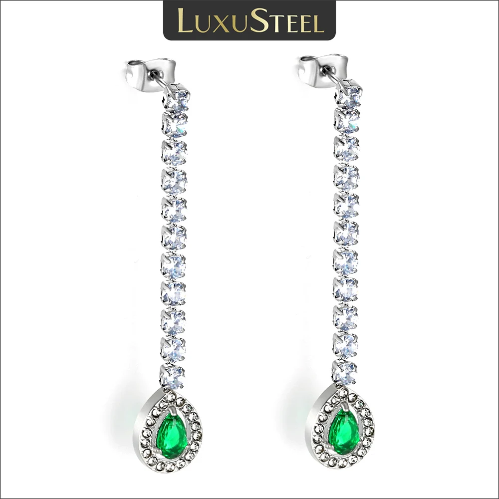 LUXUSTEEL Luxury Long CZ Tennis Chain Green Crystal Drop Earrings Silver Color Stainless Steel Geometric Tassel Women Earring