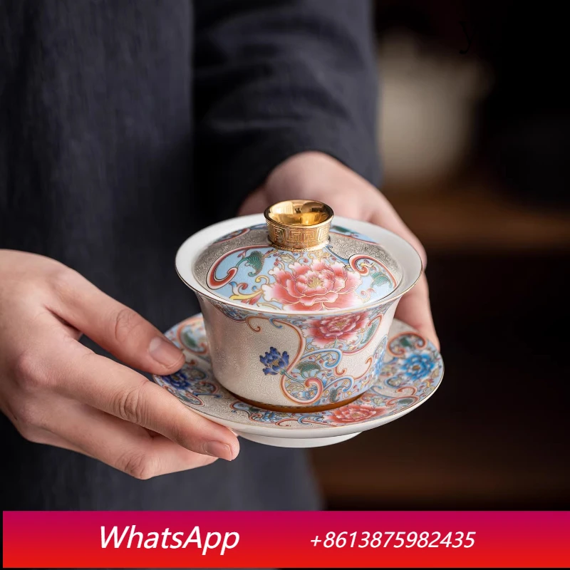 LMM handmade filigree silver Sancai cover bowl teacup household ceramic kung fu tea set