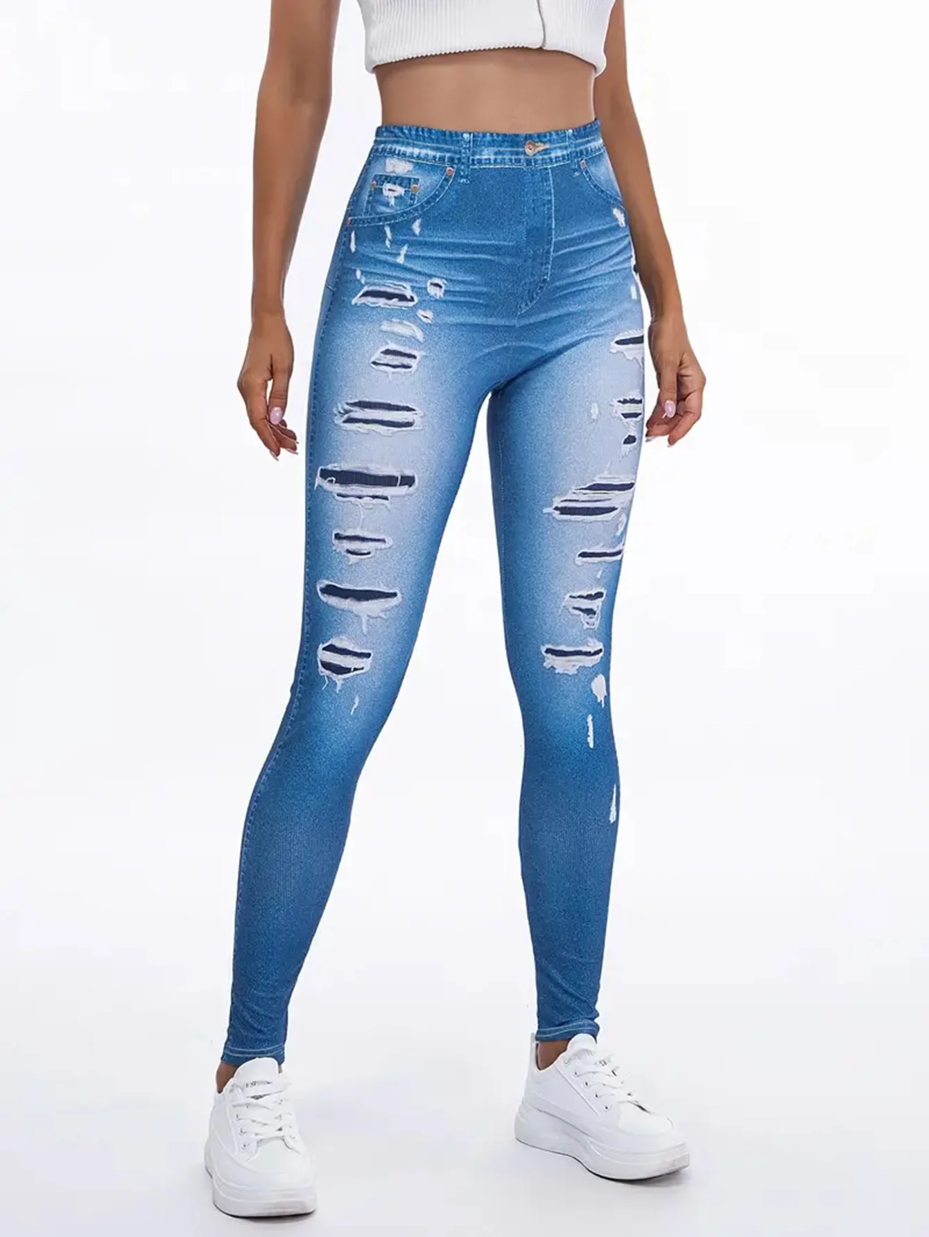 New Women High Waisted Ripped Denim Leggings with Pockets Push Up Hip Lifting Stretchy Soft Breathable Casual Workout Pants