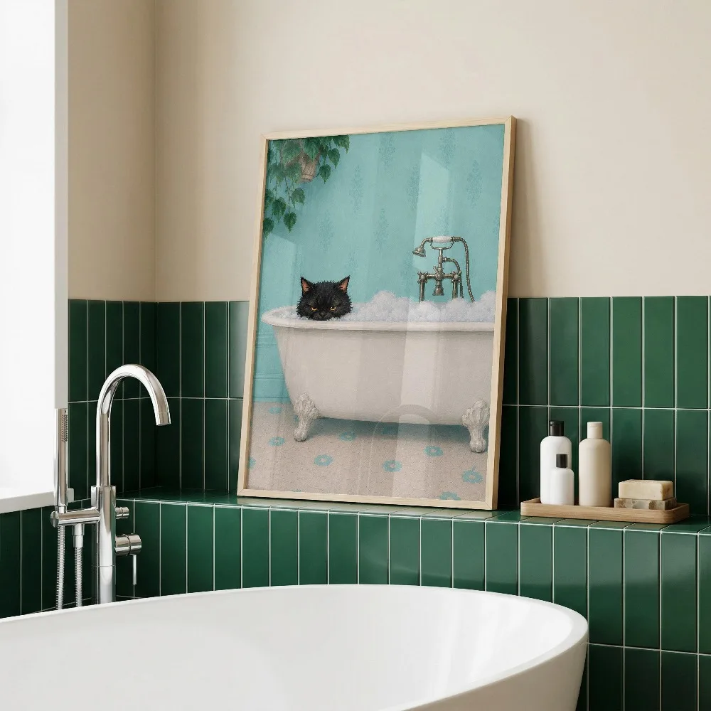 Frameless Funny and Humorous Black Cat Bathroom Art,Water Color Decor,Cat Lover Gift Digital Download,Bathroom Toilet Wall Decor