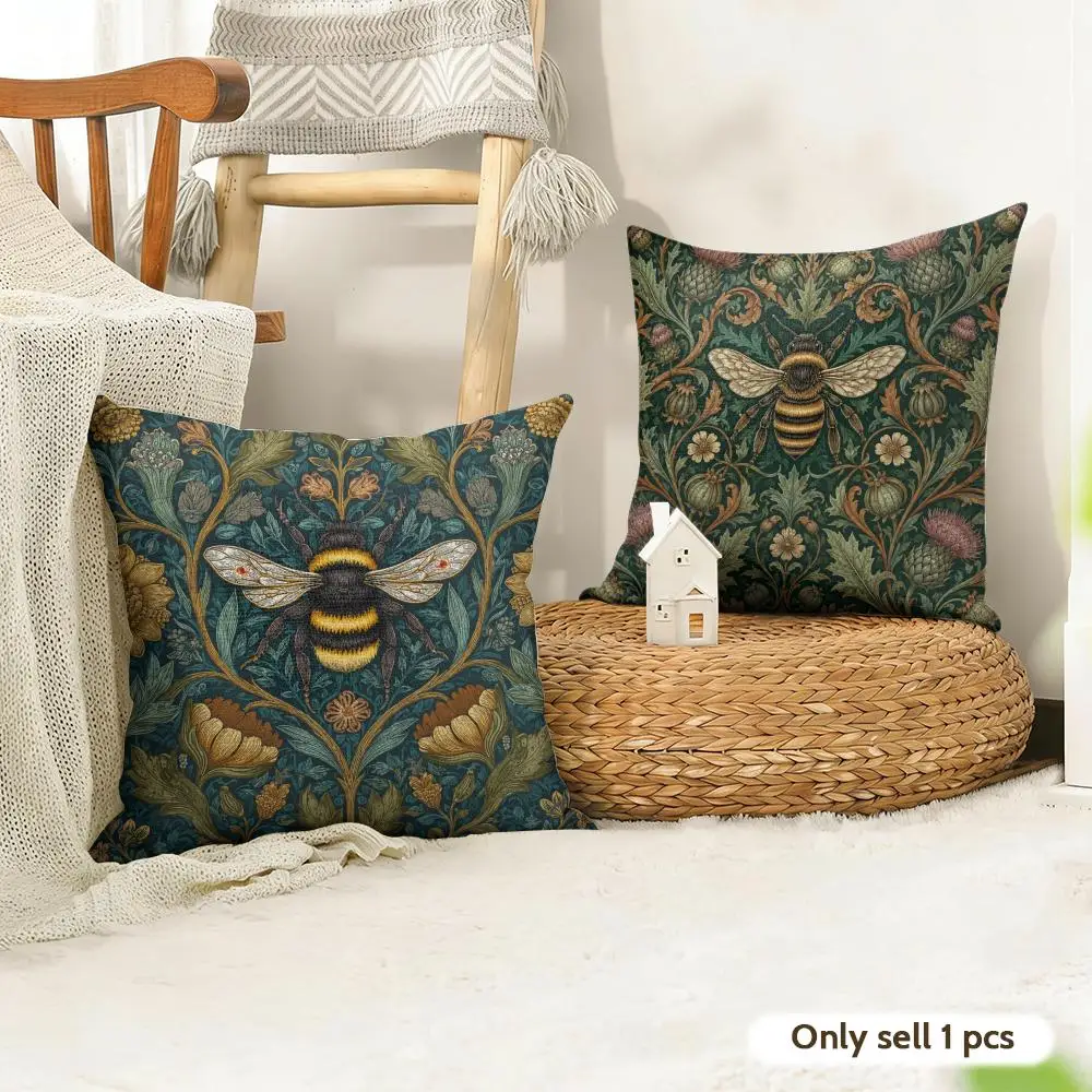 Bumblebee and Flower Cushion Cover Natural Linen Double Sided Print  Throw Pillow Case for Sofa Couch Home Decor