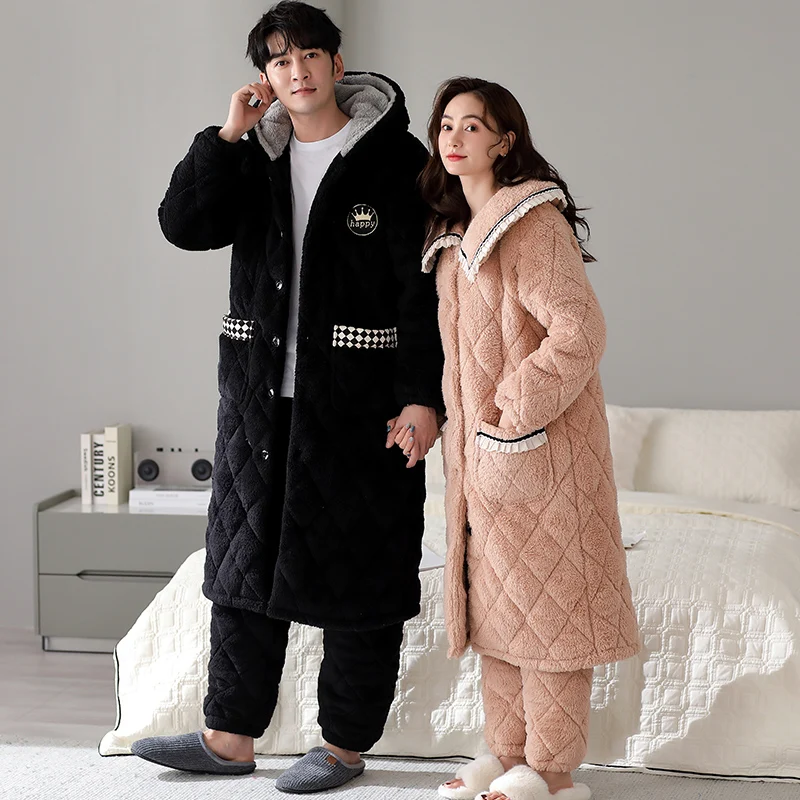 Couple Thick 3 Layer Cotton Bathrobe+Pants Men Women Winter Warm Kimono Bath Robe Male Solid Robes