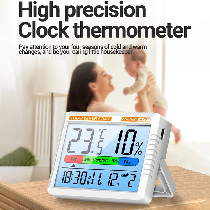 Higrometer Termometer Udara Digital Definisi Tinggi dengan Jam Elektronik untuk Set Pengukuran Multiscene