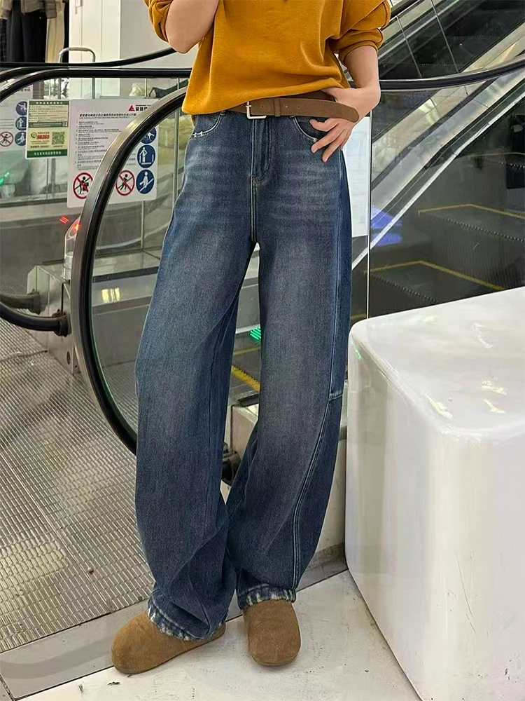 

Женские свободные прямые зимние джинсы с высокой талией и широкими штанинами, светло-голубые винтажные повседневные брюки из Гонконга