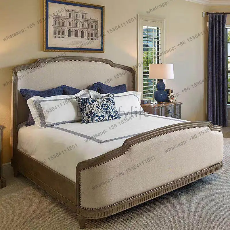 French retro solid wood double bed 1.8 meters master bedroom wedding bed American simple fabric