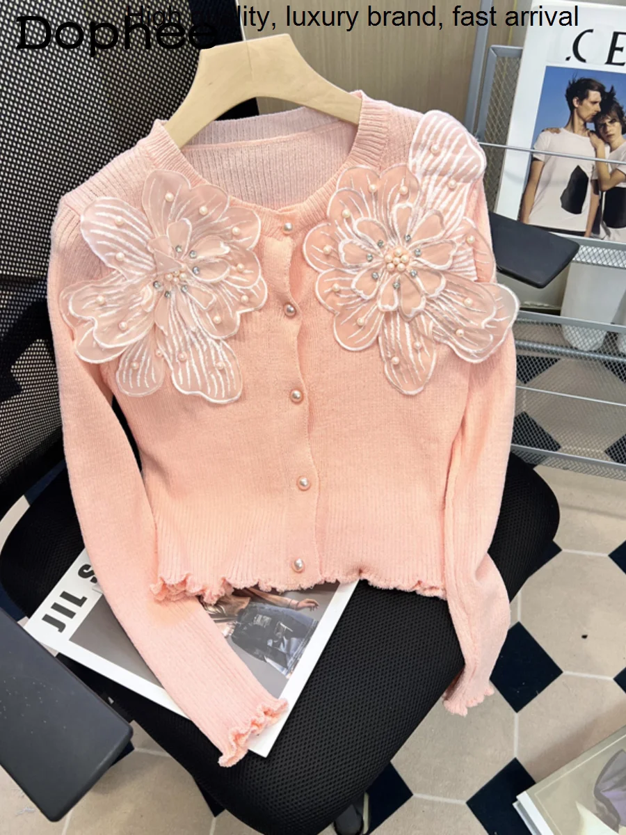 Early Autumn 2023 New Exquisite Rhinestone Beaded Sweet Embroidery Flower Long Sleeve Knitted Cardigan Women Pink Sweater Top