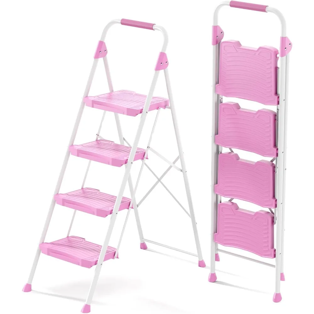 

KINGRACK 4 Step Ladder, Sturdy Step Stool with Handrail, Anti-Slip Wide Pedals, Foldable Step Stool for Home, Garage, Garden, Pi