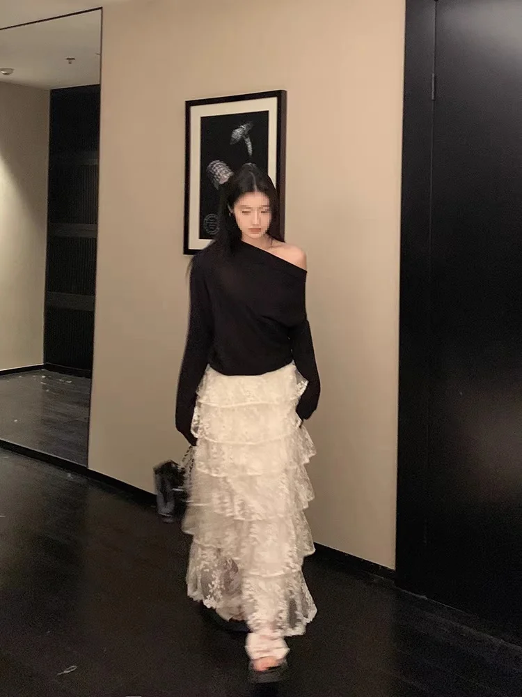 Elegant Lace Half Skirt Spring Summer New Style A-Line High Waist Puffy Cake Skirt Elastic Waist Long Skirt Gentle Fairy Atmo...