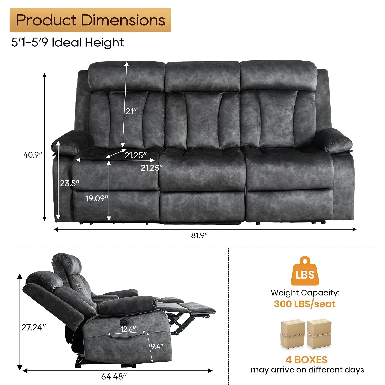 Power Reclining Sofa with Massage and Heat, 3 Seat Electric Reclining Couch with USB & Type-C Charging, 8-Point, Customized