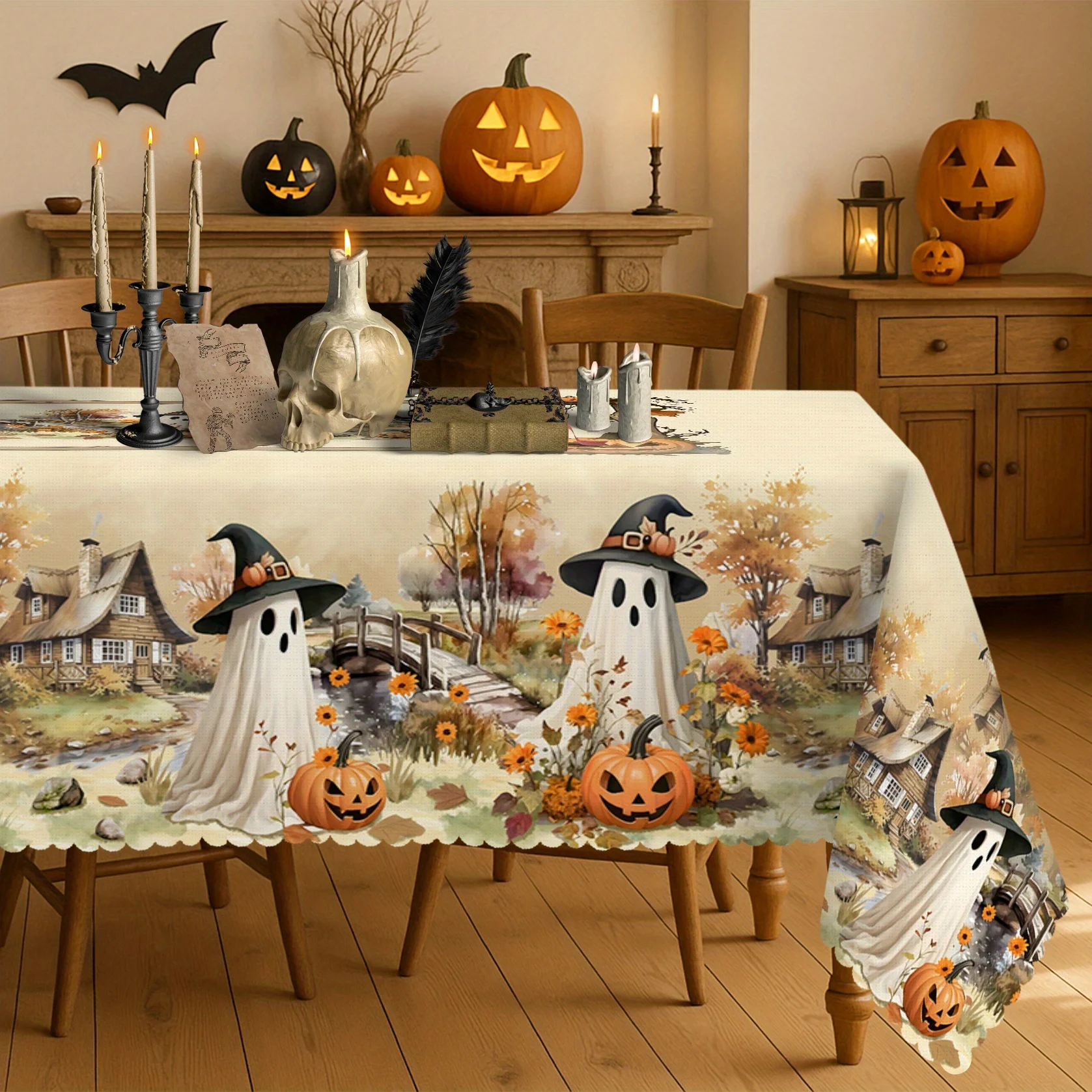VIKAMA Halloween Tablecloth Cream Watercolor Ghost Pumpkin Cottage Rectangular Washable Dining Table Cover Cozy Party Decor