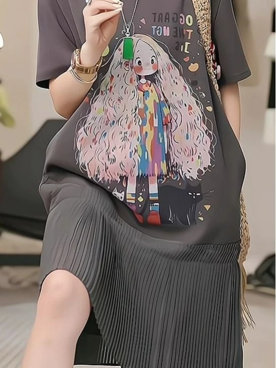 

Повседневное летнее платье больших размеров для женщин: модное свободное платье-юбка с эффектом стройности, трендовое, с высокой талией, А-силуэт