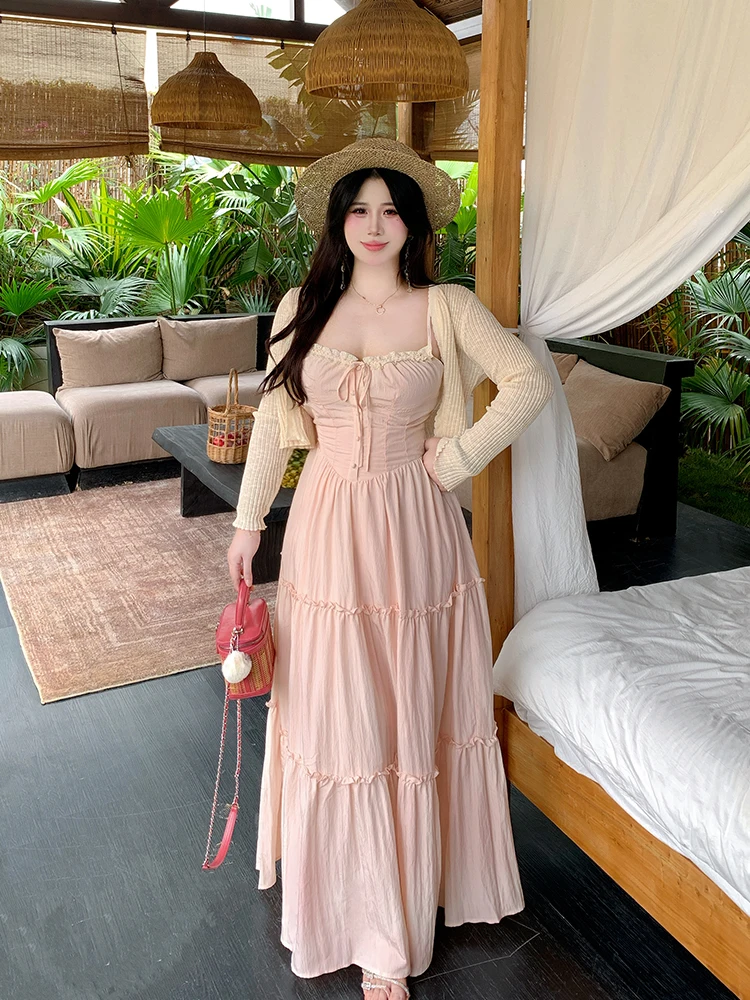 

Платье-макси в ретро-стиле для отпуска, без рукавов, с кружевными вставками, розовое, без бретелек, больших размеров, для женщин