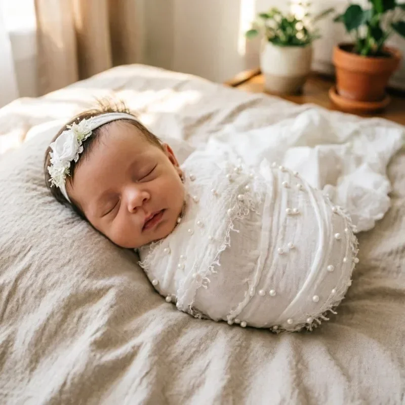 Pearl Decorated Fringed Cotton Hemp Wrap Cloth Soft Breathable Swaddle Material For Portrait Studio Shooting Posing Scene Prop