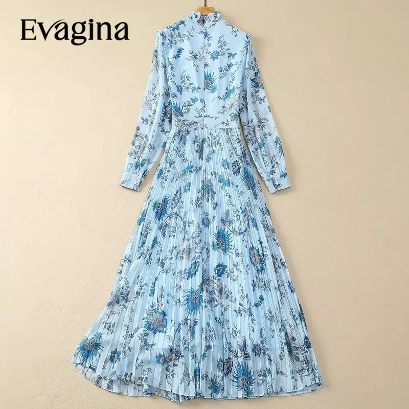 Evagina New Fashion Runway Designer Women's Standing Collar Ruffled Long Sleeved Printed Retro Light Blue Pleated Dress