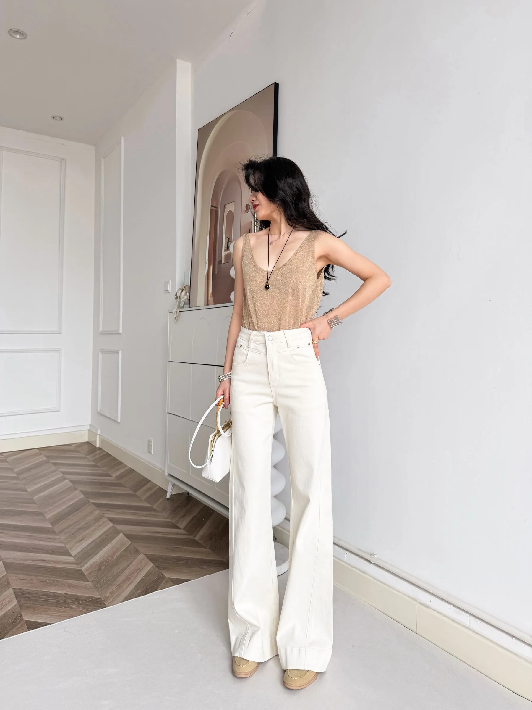 

High Waist Patchwork Design Bell Bot Four Way Stretch Beige Denim Pants Realm Floating Life like a Dr High li...