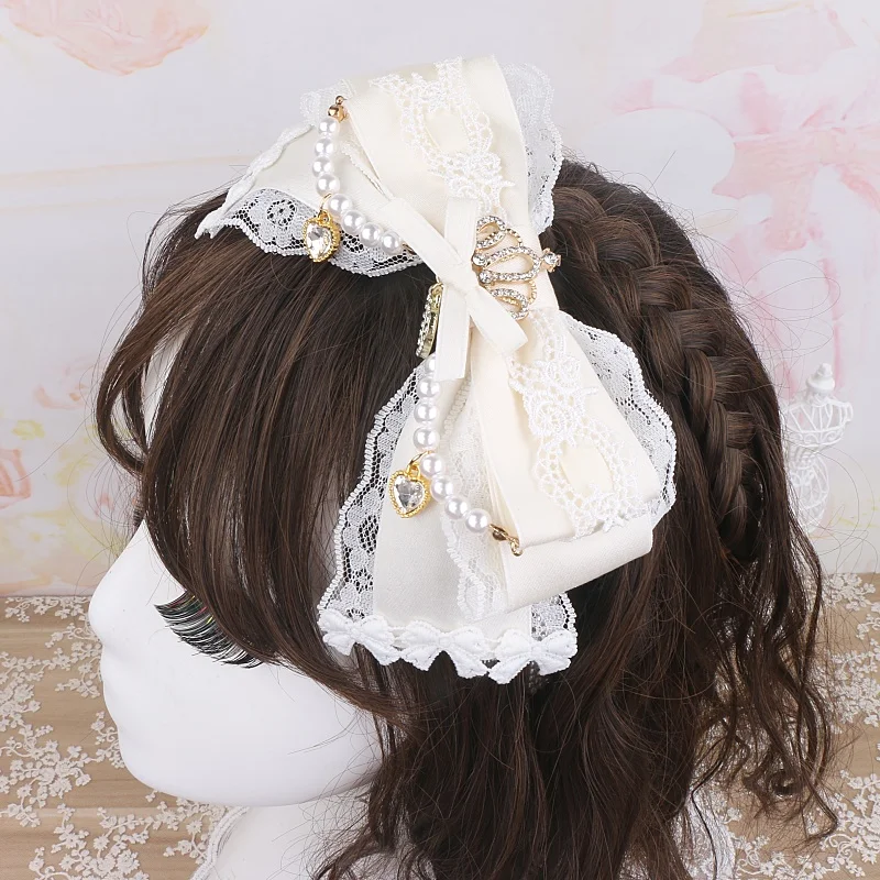 Handmade Japanese Mine Headdress Big Bow Lace Crown Rhinestone Beaded Hair Accessories Hair Hoop Women Sweet Lolita Hairband