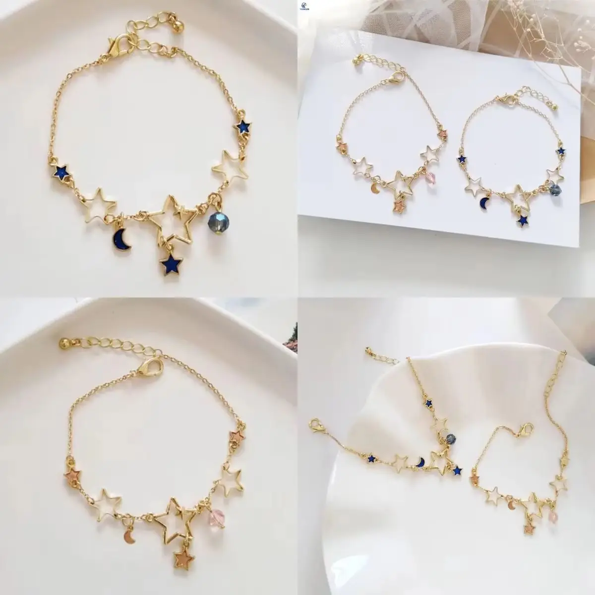 Adjustable Zircon Star & Moon Bracelet Fashion Link Chain Simple Design Jewelry for Women Girls Party Gift