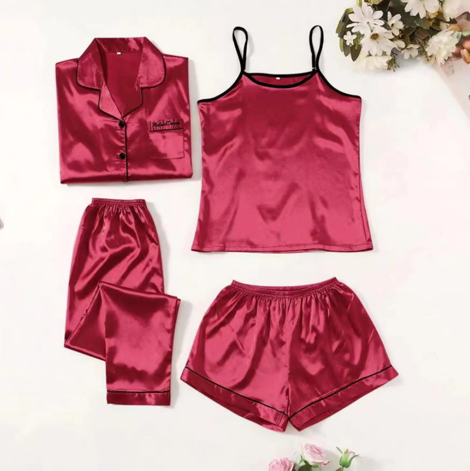 Women's Satin Pajama Sets 4 PC Solid Color Suspender Tank With Shorts Women Shirt Pants Home Clothe Nightwear Sets Home Pyjamas