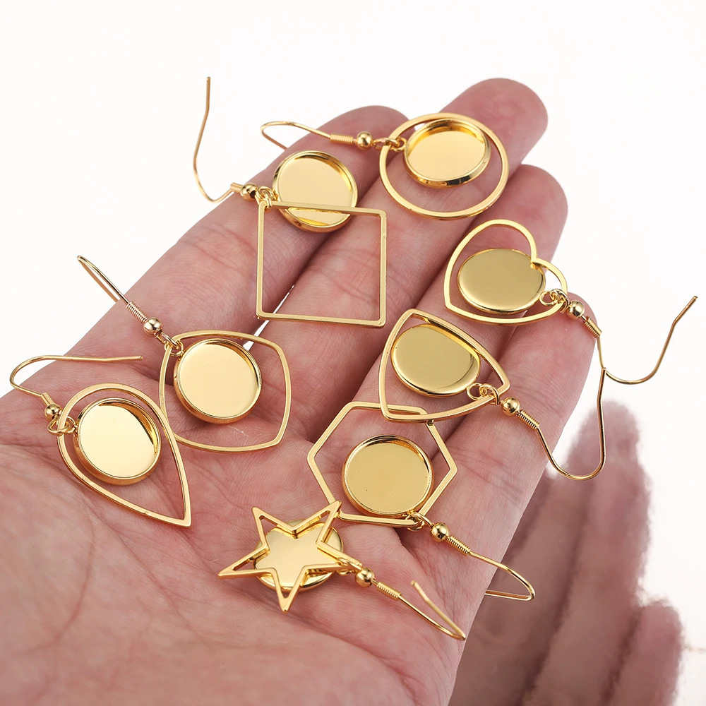 10pcs Fit 12mm Stainless Steel Gold-Plate Earrings Hook Cabochon Blank Glass Base Resin Tray DIY Earring Jewelry Supplies Making