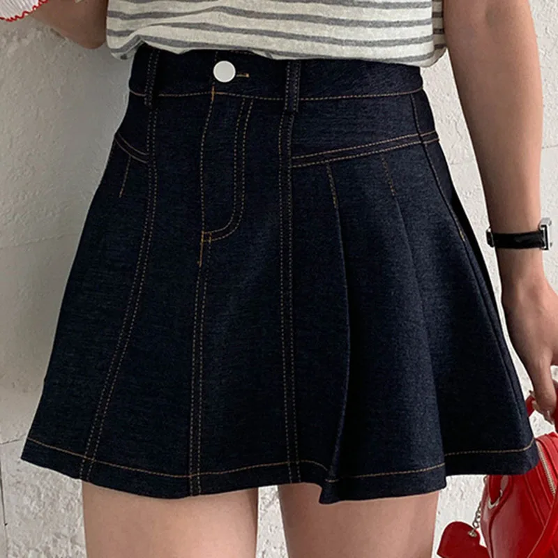 Lady Short Skirts Retro Contrast Color Denim High Waisted Splicing Pleated Solid Color Simple Commuting Casual Versatile Skirt