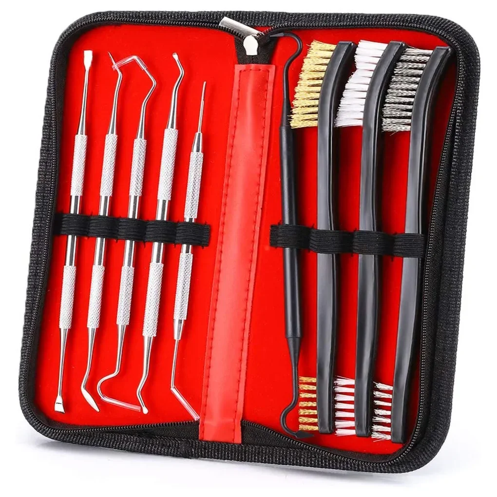 9pcs/Set Gun Cleaning Kit Double-Ended 3 Brass Steel Brushes 6 Stainless Steel Pick Hunting Pistol Rifle Cleaning Tool Set