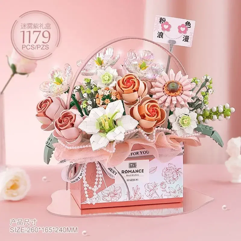 Pink Rose Bouquet LED Building Blocks Set with Purple Flower Luminescence Gift Box Suitable for Boys & Girls Festival Toy Gift