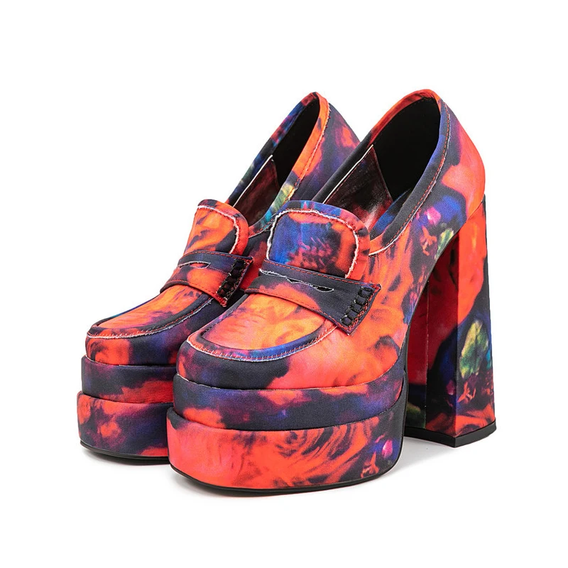 

Red&blue Tie-Dye Print Platform Chunky Block Heel Loafers Shoes Snakeskin Slip-On High Heels Pumps Party Footwear Plus Size