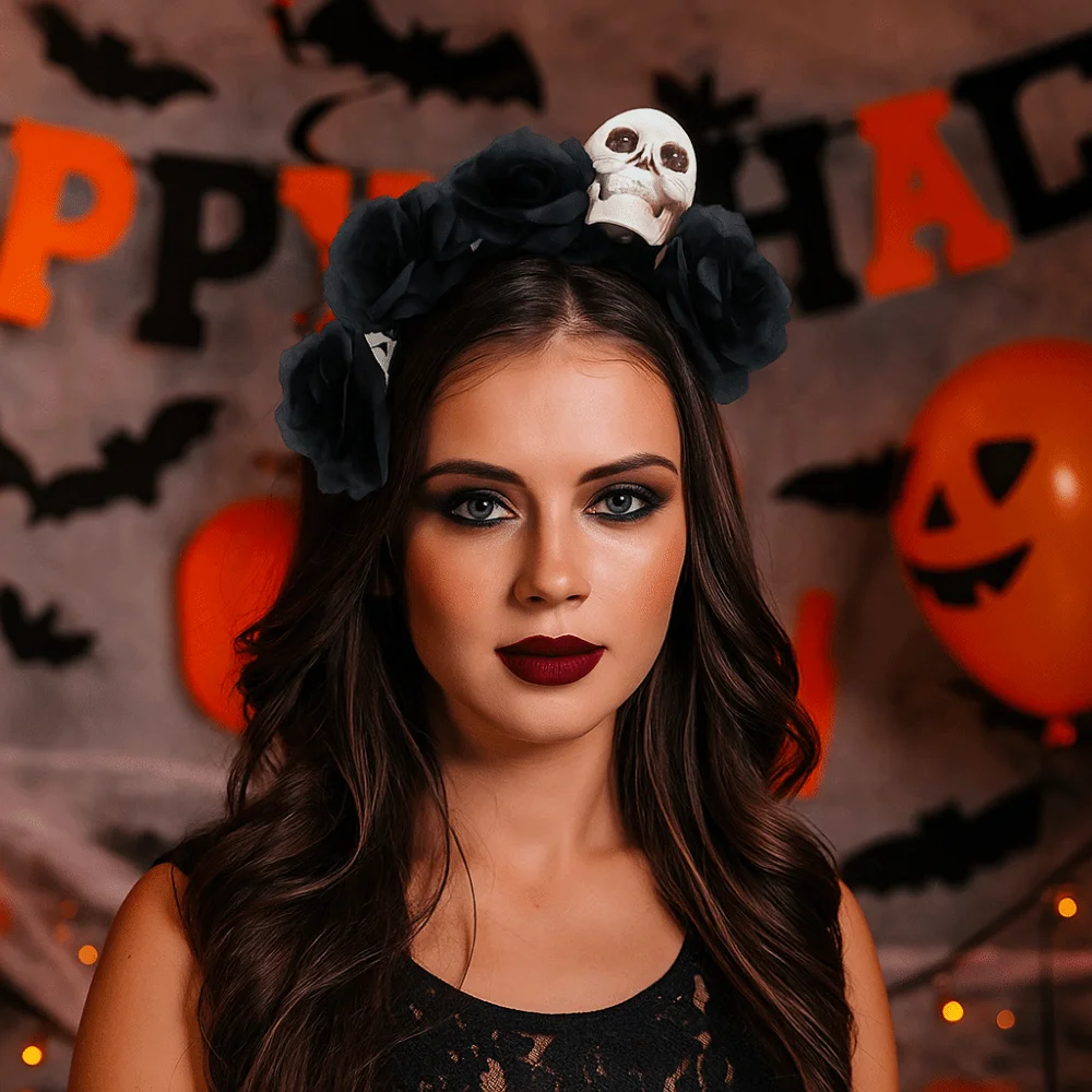 

Exaggerated Skull Head Headband Halloween Decor Colorful Halloween Hair Hoop Simulation Flower Funny Gothic Flower Hairband