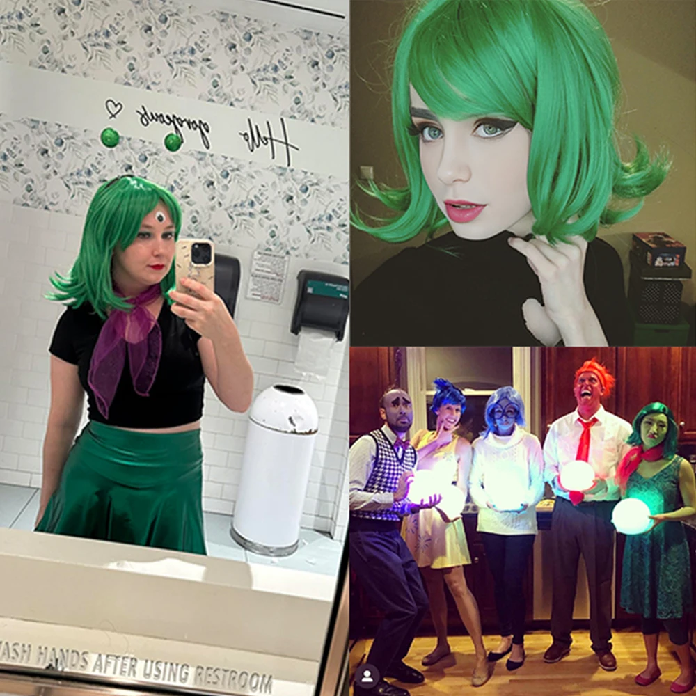 Krótka, kręcona, zielona peruka dla kobiet, nowe postacie filmowe, peruki do cosplay na Halloween z fioletową chustą.