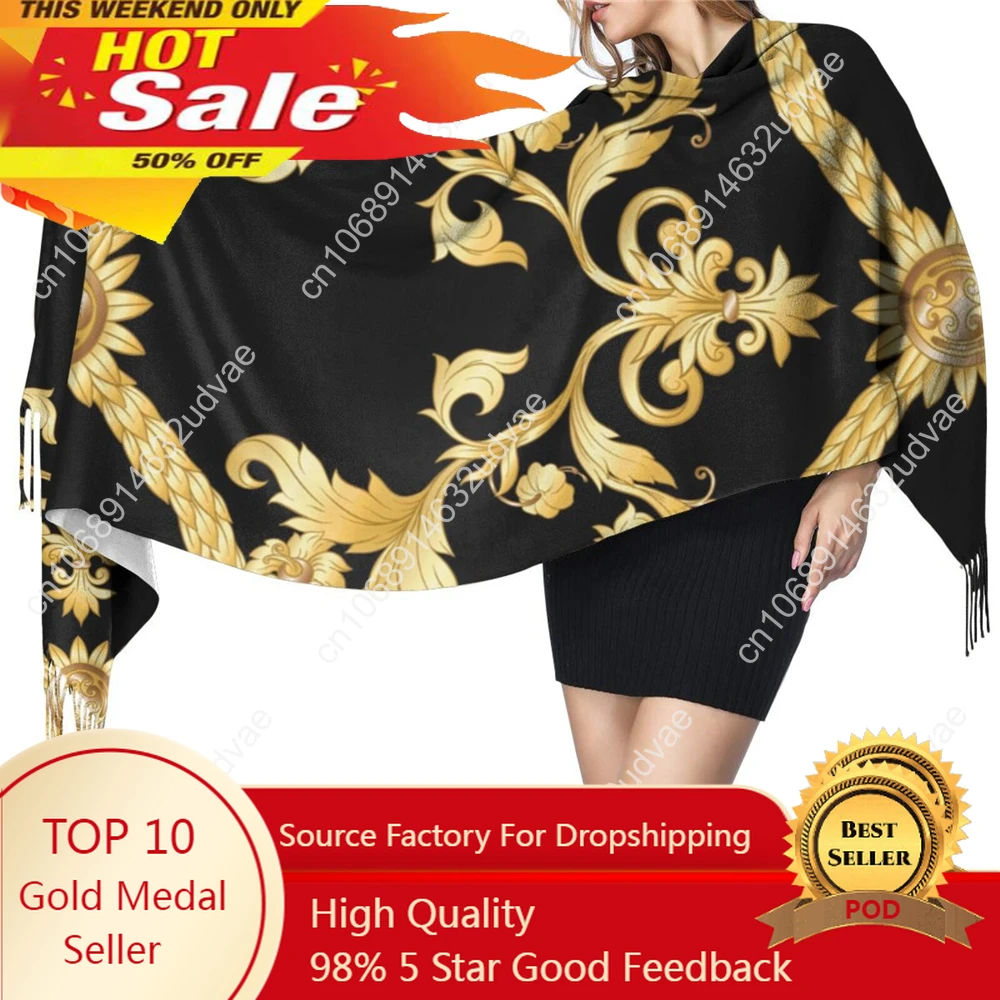 Schwarze Schals für Damen Winter goldene Blumen Kaschmir Schal Pashmina Schals Wraps weiblichen Foulard Bandana dicken Druck