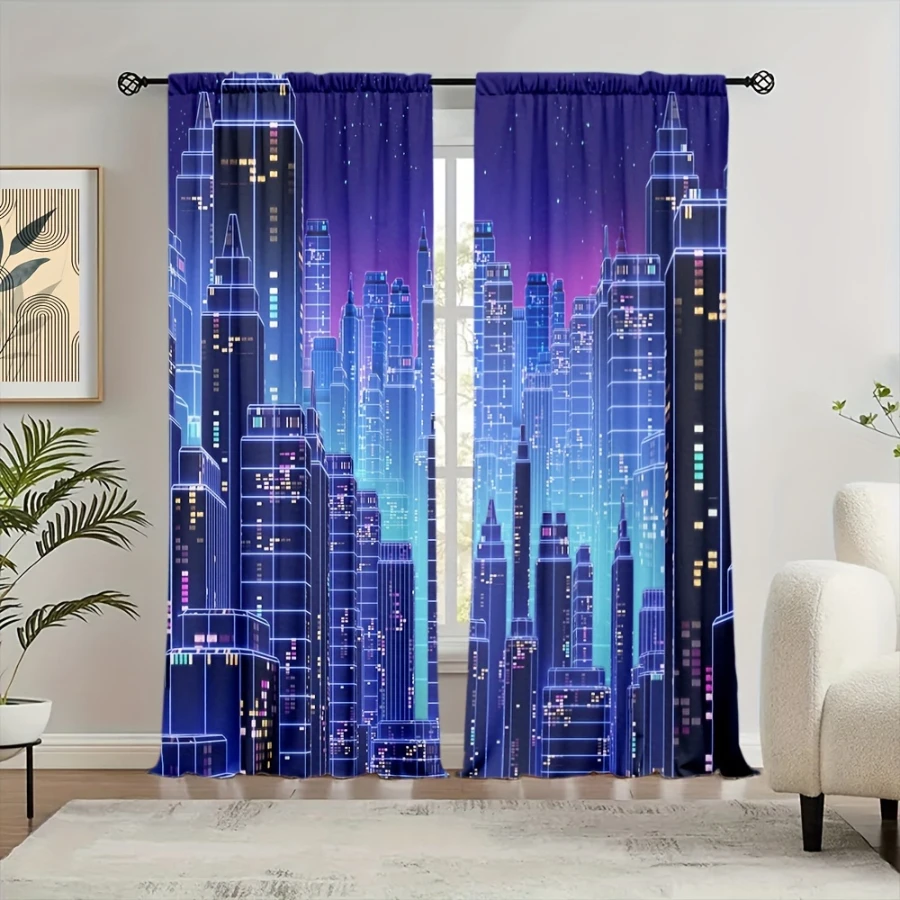 2PCS Digital Printed Curtains, Neon City Design, Urban Cityscape Style Rod Pocket Window Drapes for Living Room Bedroom Decor