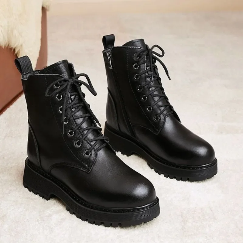 Thick Bottom Boots Female 2024 Winter Warm Thickened Short Boots Waterproof Soft Leather Cotton Flat Shoes Snow Boots Women 42