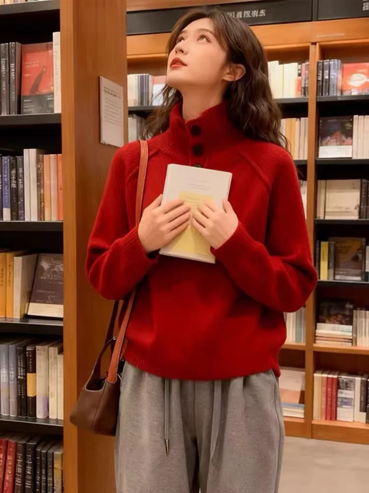 100% suéter de lana pura para mujer 2025 Otoño/Invierno nuevo jersey de punto de cuello alto moda coreana Top suelto suéter suave y cómodo