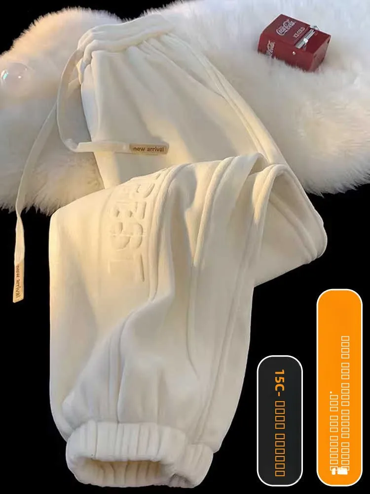 Double-Sided Fce Joggers Men's Winter Thiened Large Size Loose Casual Sports Sweatpants Moccasin White Straight Leg Pants