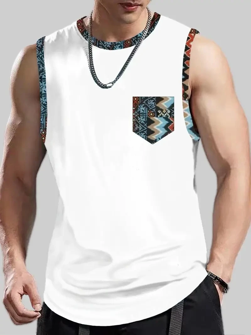 Totem Shield Printed Sport Vest Men Loose Summer Fashion Fitness Sleeveless Shirt Retro Oversized Crew Neck Short Sleeve T-Shirt