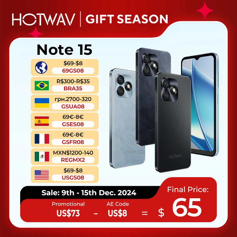 HOTWAV Note 15 Ultradunne smartphone 6.6 '' HD + Android 14 OS 8 (4 + 4) GB + 64 GB Octa-Core mobiele telefoon 13 MP 5160 mAh mobiele telefoon