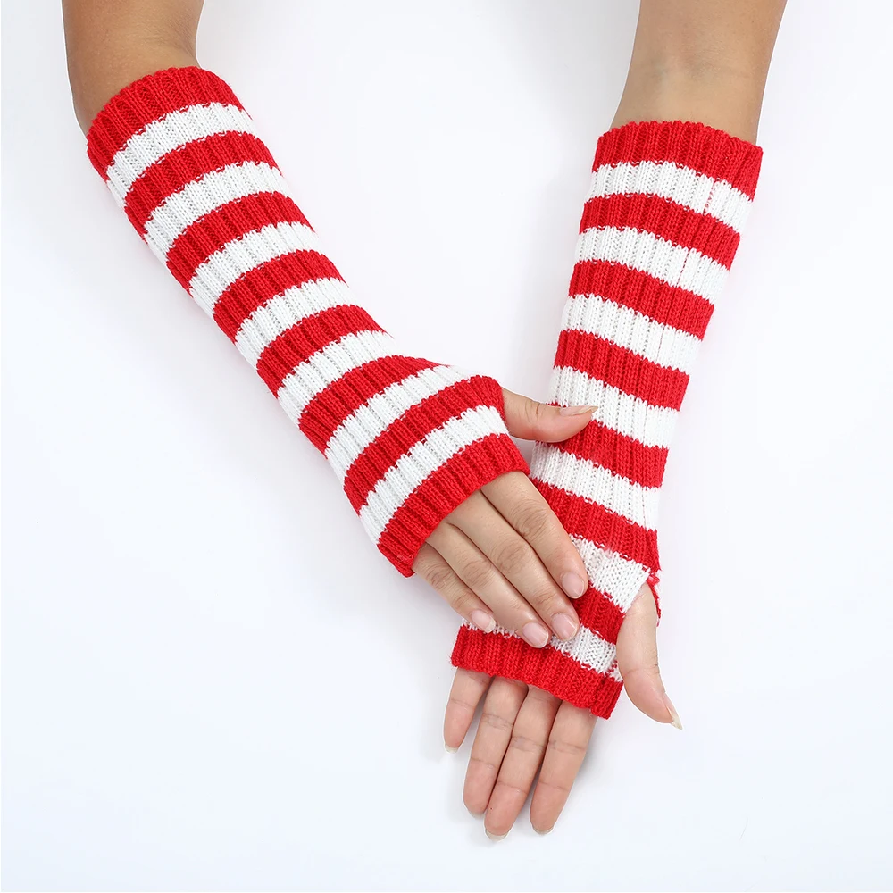 Striped Knitted Arm Sleeve Covers Long Fingerless Gloves Winter Warm Elbow Mittens Gothic Punk Style Arm Warmers Fashion Gloves