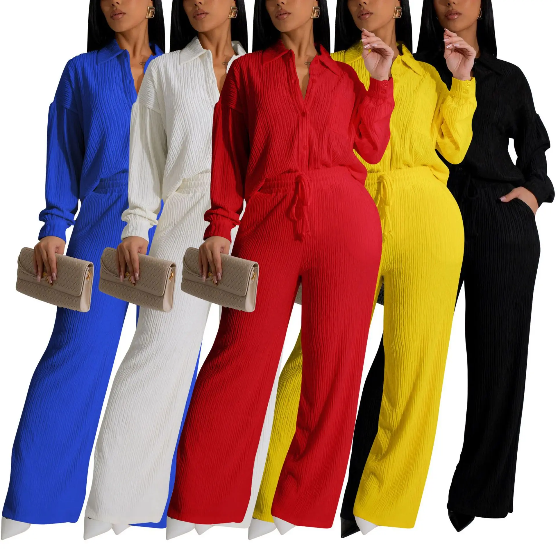 

Новинка Весна 2026: Комплект из плиссированной рубашки с длинным рукавом и брюк прямого кроя с эластичным поясом. Универсальный повседневный костюм-двойка для женщин, приталенный крой.