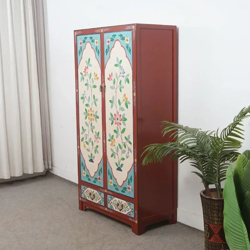 Tibetan Style Solid Wood Wardrobe Bedroom Painted Simple Storage Cabinet Household Locker Chinese Decorative Furniture